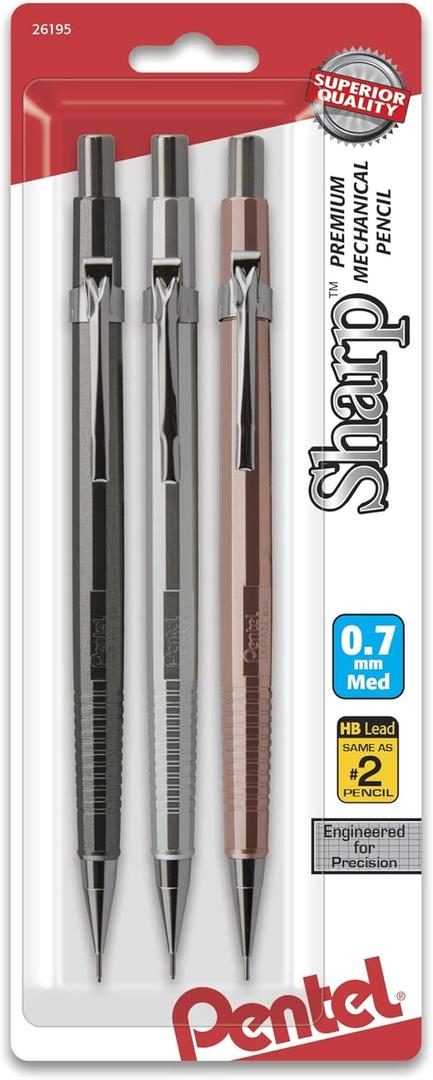 Pentel P207MBP3M Sharp Mechanical Drafting Pencil 0.7 mm Assorted Barrels 3/Pack