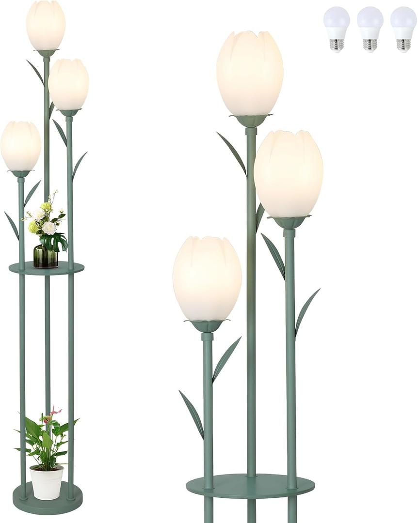 3-Light Flower Floor Lamps for Living Room, Green Floor Lamp with Shelves, Unique Tulip Standing Lamp with 3 LED Blubs, Cute Floral Tall Lamp, Modern Stand Up Light Decor for Bedroom, Kids Room