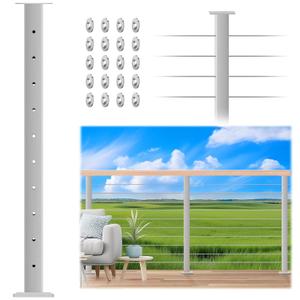 36" Brushed Finish Cable Railing Post, Fixed Top Level Drilled Railing Line Post with Cable Sleeves, Stainless Steel Horizontal Hole Handrail Deck Wire Railing Post for Cable Railing System (1x Line Post)