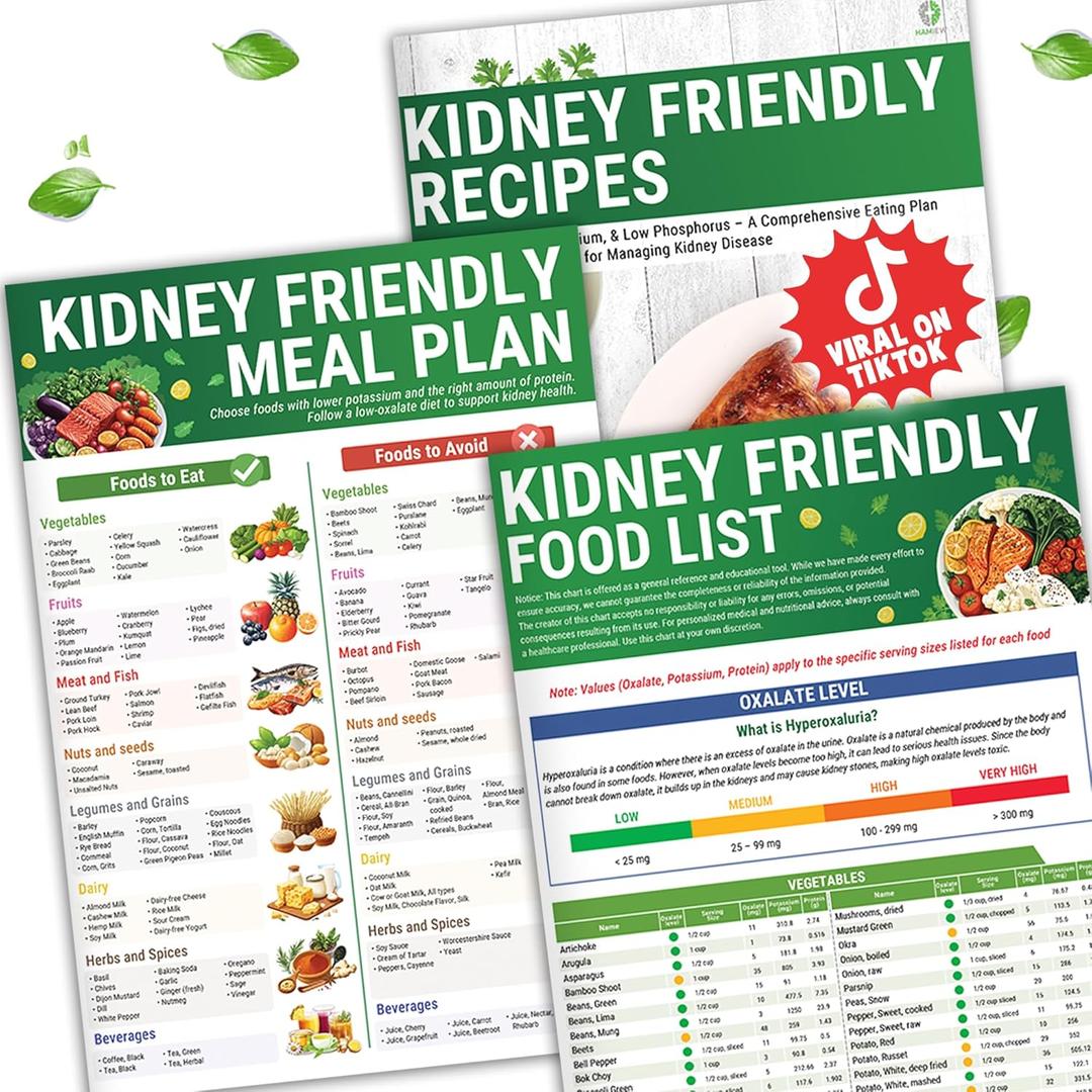 HAMIEW Set 3 Kidney Friendly Food List Chart, Renal Diet Disease Meal Plan, Kidney Recipes Support, Hyperoxaluria, Oxalate Level, Low Sodium Potassium Phosphorus for CKD Dialysis, Manage Hypertension