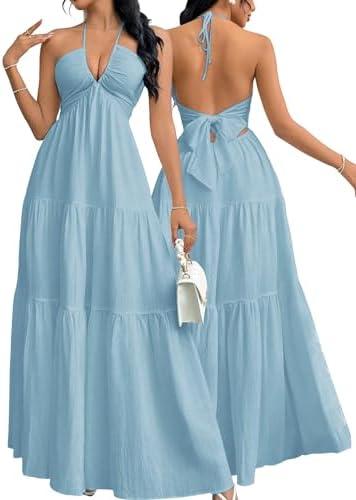 Narecte Women's Maxi Summer Dresses Halter V Neck Beach Dresses for Women A-Line Casual Dress for Vacation M