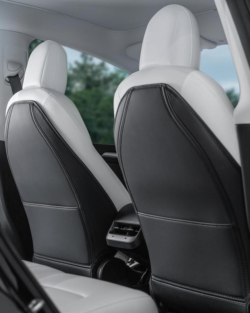 Leather Seat Back Protector Designed for Tesla Model Y Model 3 Model S/X Accessories(Includes 2025 New Model Y & 2024-2025 Model 3 Highland), Wear-Resistant Kick Mats with Organizer Pocket, Set of 2 (Black)