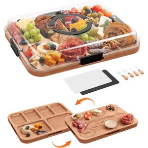 Charcuterie Board with Lid, 2-in-1 Bamboo Cheese & Cutting Board with Engraved Guide, Travel Portable Charcuterie Boxes, Includes 2 Plastic Cutting Mats & 4 Cheese Knives, House Warming Gifts New Home