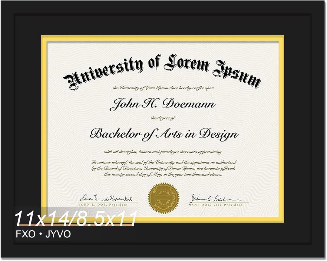 Black 11x14 Diploma Frame, Display Document 8.5 x 11 with Mat or 11 x 14 Without Mat, Certificate Frame with Black&Gold Mat for Masters Associates Bachelor Degree - 1 Pack,  Black Mat Black&Gold
