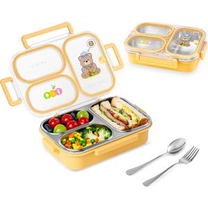 SAYAPE Stainless Steel Bento Lunch Box for Kids, 26.4 oz Leak-Proof 3-Compartment Metal Bento Box, BPA-Free, Cute Cartoon Meal Prep Snack Container with Utensils for School, Office, Travel - Yellow