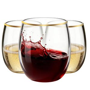 24 Pack 12oz Plastic Stemless Wine Glasses with Gold Rim, Disposable Clear Wine Cups - Shatterproof, Unbreakable & BPA-Free, Recyclable Drinkware for Wedding, Birthday Party, New Year, Holidays