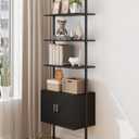 Yusong 73" Tall Bookshelf with Cabinet, Industrial Ladder Wall Mount Shelf Bookcase with Wood and Metal Frame, Plant Shelf Wall Storage Display for Living Room Bedroom, Black Wood Grain