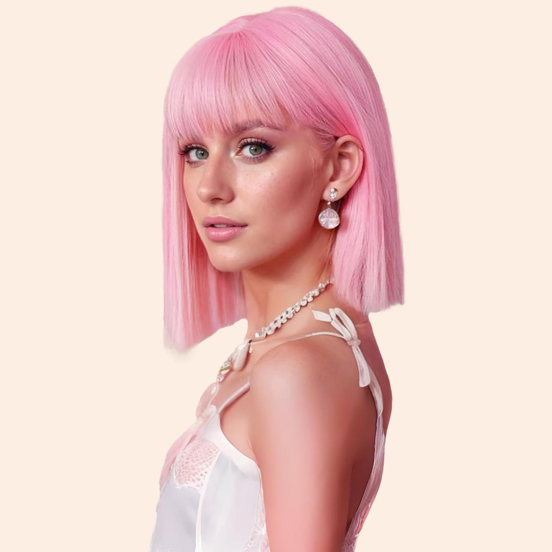 Pink Bob Wig with Bangs for Women 12 Inch Short Straight Pink Wigs Synthetic Colored Wigs