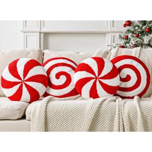 Christmas Decorations Plush Throw Pillows: Set of 4 Cute Teddy Fleece Red White Peppermint Candy Pillow, Soft Stuffed Lollipop Cushion Xmas Decor Indoor for Kid Home Sofa Bed Office Couch Living Room