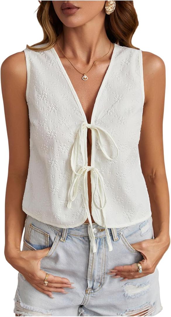 Verdusa Women's Vintage Floral Print Bow Tie Cowgirl Vest V Neck Sleeveless Jacket Outerwear (L)