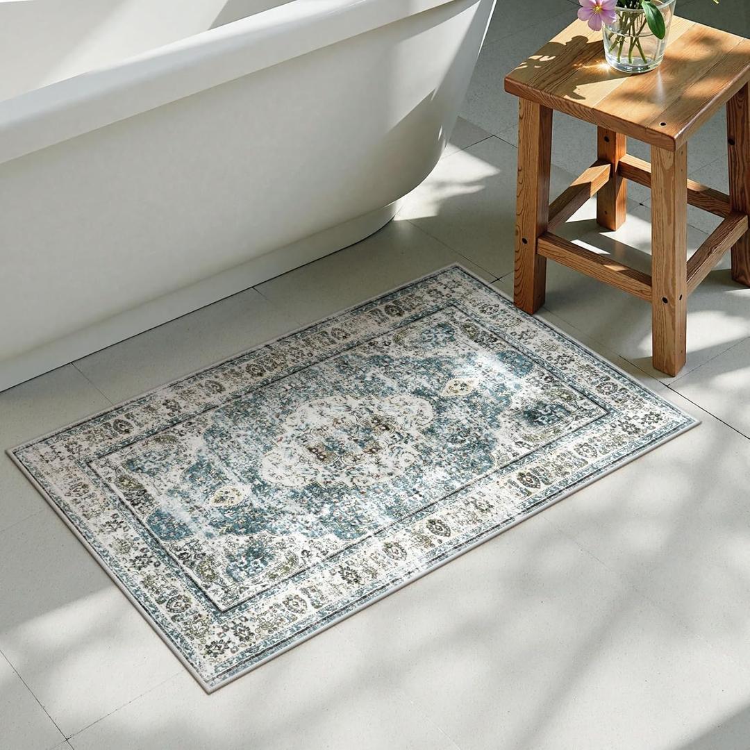 Uphome Boho Bathroom Rugs, Distressed Farmhouse Blue Bath Mat, Comfy Velvet Small Bath Rugs Non Slip Washable, Vintage Oriental Toilet Rug for Sink Shower Vanity, 20x32 inch