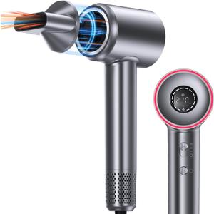 Hair Dryer, 1400W Professional High Speed Hairdryer for Fast Drying, 500 Million Negative Ionic Hair Dryer, 3 Speeds and 5 Temps with HD Display, Low Noise Blow Dryer for Home Salon (Grey)