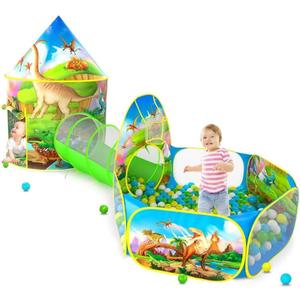 3PC Dinosaur Play Tents for Boys, Kids Play Tent with Ball Pit, Crawl Tunnel, Castle Tent for Toddlers, Baby Dinosaur World Playhouse Toys