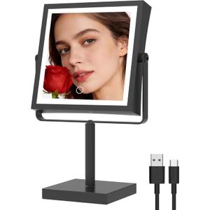 Ruacq Makeup Mirror with Lights, 4000mAh Rechargeable Magnifying Mirror with Light, 1X/10X, Height Adjustable Bathroom Vanity Mirror, 3 Colors, Adjustable Brightness (Matte Black)