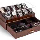 KAMIER Watch Box for Men, 10 Slots Mens Watch Case with Glass Lid, Watch Display Case With Drawer, 2-Layer Watch Holder Organizer, Jewelry and Watch Storage for Men Women, Walnut