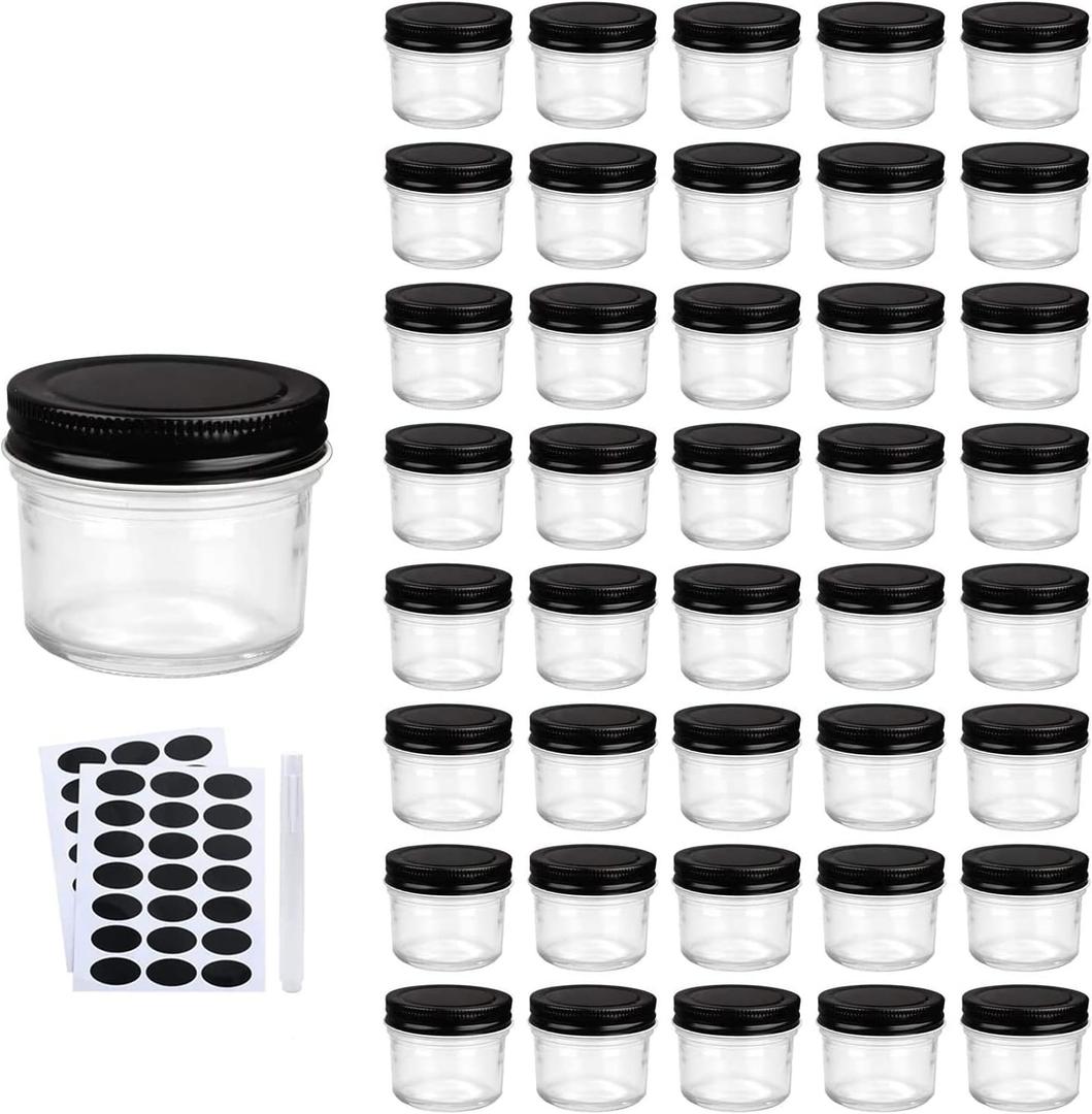 QAPPDA 4oz Glass Jars With Lids,Small Mason Jars,Mini Canning Jars With Black Lids For Honey,Jam,Jelly,Wedding Favor,Shower Favors,Spice Jars For Kitchen Storage & Home,Set of 40