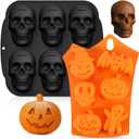 Halloween Skull Cake Pan & Pumpkin Silicone Molds Set  6 Cavity 3D Skull Baking Pan + 6 Halloween Shape Silicone Molds (Pumpkin, Ghost, Bat) for Cakes, Chocolate, Candy, DIY Party Baking