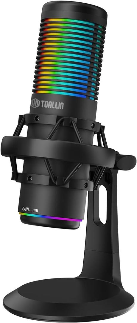 TOALLIN CM20P - USB Condenser Microphone with RGB Lights for Gaming, Streaming, Podcasting, Recording, 192kHz/24Bit, Noise Canceling & Volume Adjustable, Compatibles with Laptop/PC/Tablet/Phone, Black