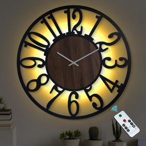 LEIKE Large Wall Clock 30'' Lighted Rustic Wood Clock with Remote Timer, Silent Battery Operated Modern Oversized Wall Clock for Living Room, Bedroom, Farmhouse, Home Decor, Large Number Display