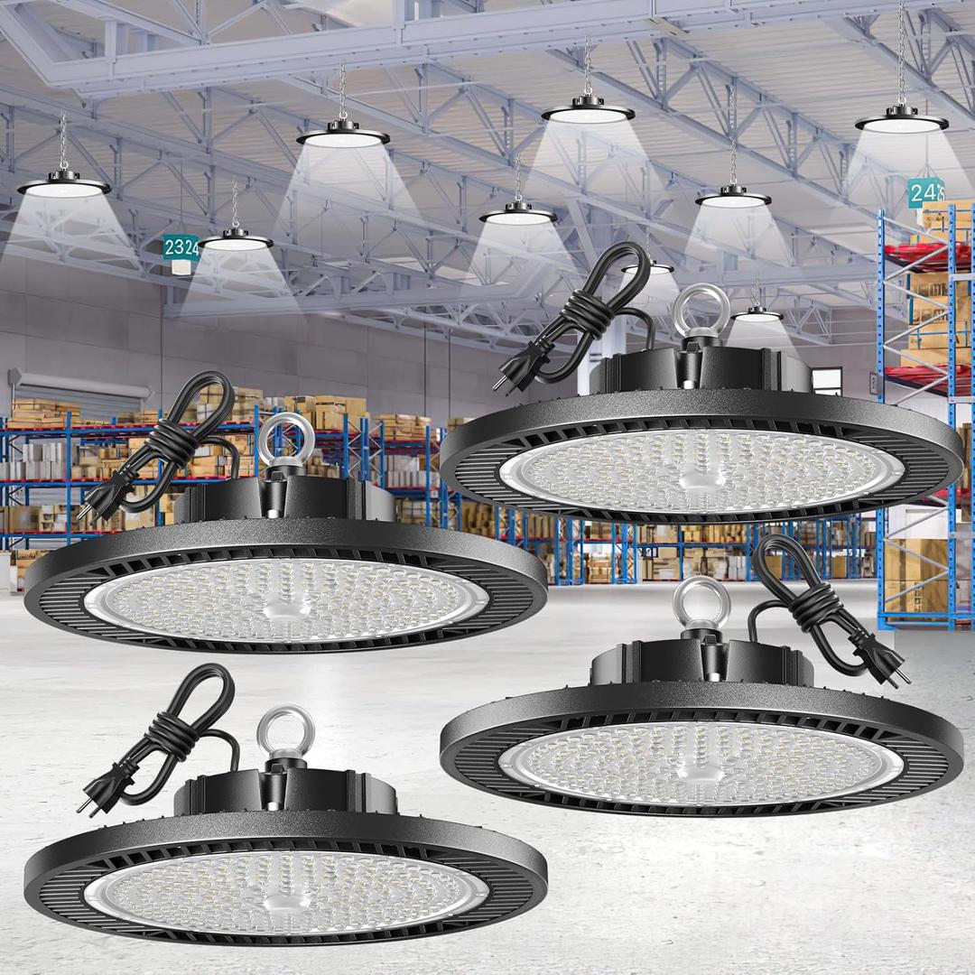 Led High Bay Lights 200W - 28000lm 5000K Super Bright Waterproof Led Shop Lights with Plug 5' Cable and Hook Ring, Garage Light for Factory Gym Warehouse Workshop 4 Pack