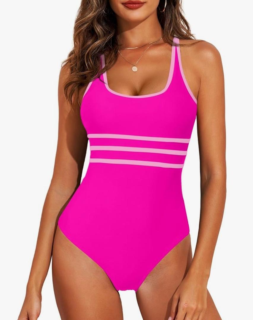 Aleumdr Women's Color Block One Piece Athletic Swimsuit Sports Tummy Control Cheeky High Cut Bathing Suits Pink XL