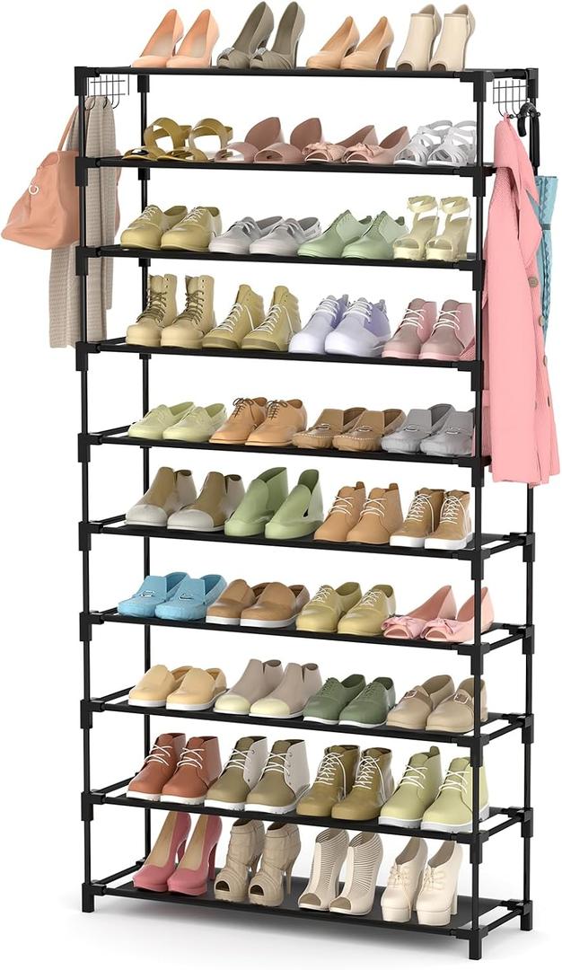LANTEFUL 10 Tiers Shoe Rack 50 Pairs Large Capacity Tall Shoe Organizer Sturdy Shoe Storage with Two Hooks Space Saving Metal Wide Shoe Rack for Closet, Entryway, Bedroom, Black, 10 Tier-61.2" High-34" Wide