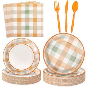 Yungyan 24 Set Thanksgiving Fall Plaid Paper Plates Napkins with Forks and Knives Party Supplies for Guests, Disposable Friendsgiving Turkey Autumn Dessert Dinnerware Buffalo Check Table Decorations