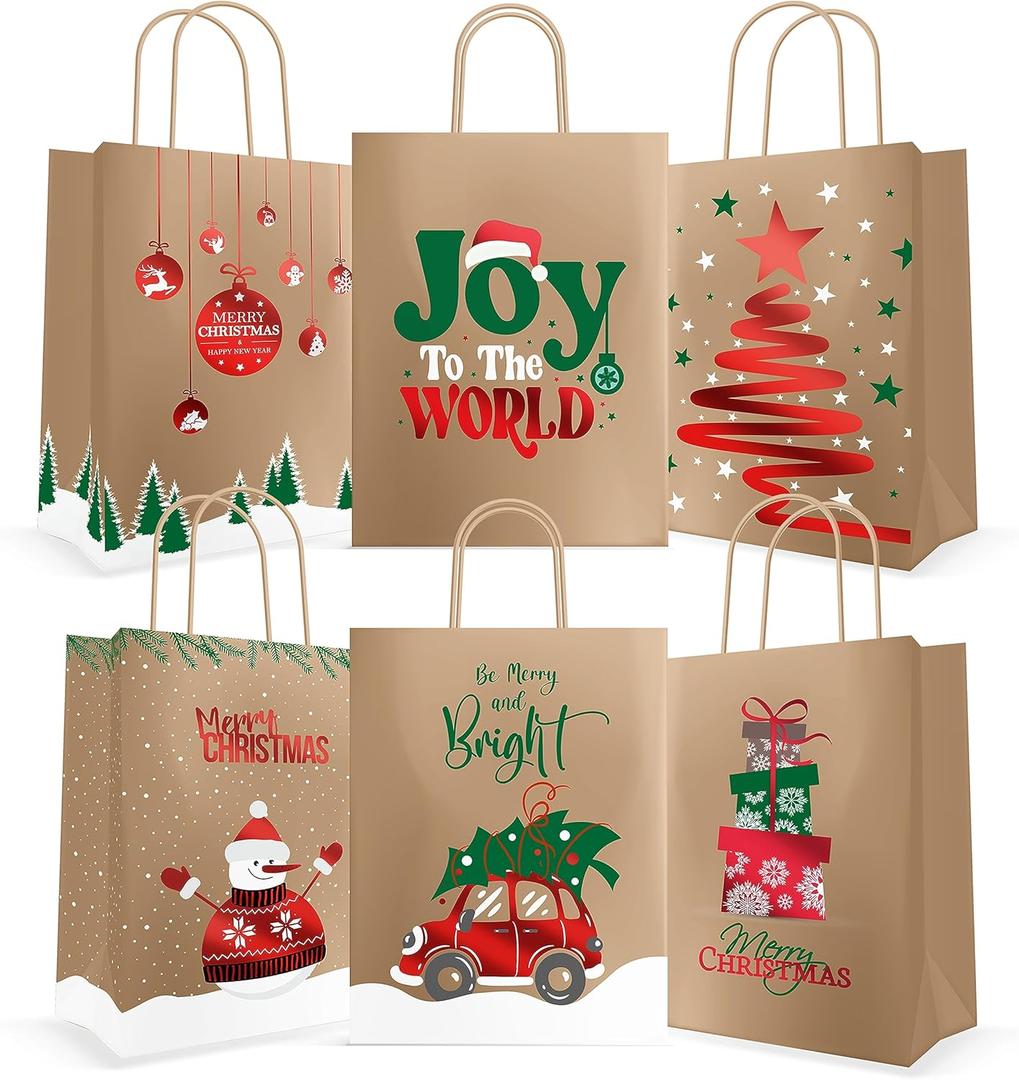 Easykart Labels 24 Christmas Kraft Gift Bags With Red Foiling for Holiday, Goody Bags, Xmas, Classrooms and Party Favors (9 x 7.3 x 3.3) (1 Count (Pack of 24))
