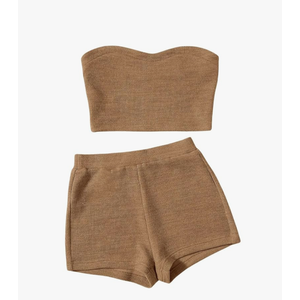 Women's 2 Piece Outfit Ribbed Crop Bandeau Tube Top and Biker Track Shorts Sets, S/M