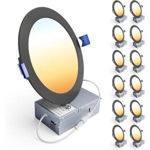 Ensenior 12 Pack 6 Inch LED Recessed Ceiling Light Black, Dimmable, 2700K-5000K 5CCT, 1200LM 12W 120V, High Brightness Canless Wafer Downlight - ETL&FCC&IC