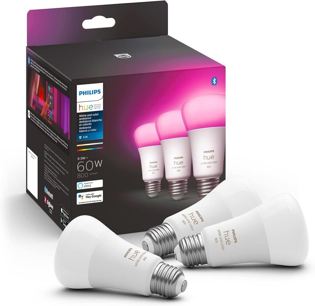 Philips Hue A19 LED Smart Light Bulb - White and Color Ambiance - 60W Indoor Light Bulb - Control with Hue App - Works with Alexa, Google Assistant and Apple Homekit - Pack of 3 