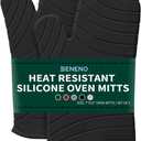 Beneno Heat Resistant Silicone Oven Mitts BPA-Free, Non-Slip Textured Grip & Quilted Cotton Lining, Waterproof Kitchen Mitt 2-Pack Set, 7"x13", Black
