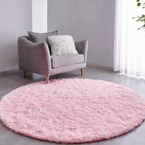 FJZFING Pink Round Rug Ultra-Soft Plush Modern 4x4 Circle Area Rug for Kid's Bedroom, Fluffy Shag Circular Rug for Nursery Room, Non-Slip Home Decor Cute Pink Carpet for Teen's Room