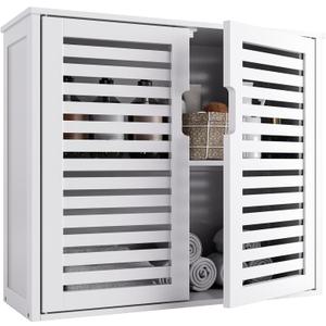 HITNET White Bathroom Cabinet Over Toilet, Bamboo Hanging Medicine Cabinet, Wall-Mounted Storage Organizer, Kitchen Cupboard with Double Doors and Adjustable Shelf, 23.03 Inches W X 8.07 Inches D X 20.28 Inches H
