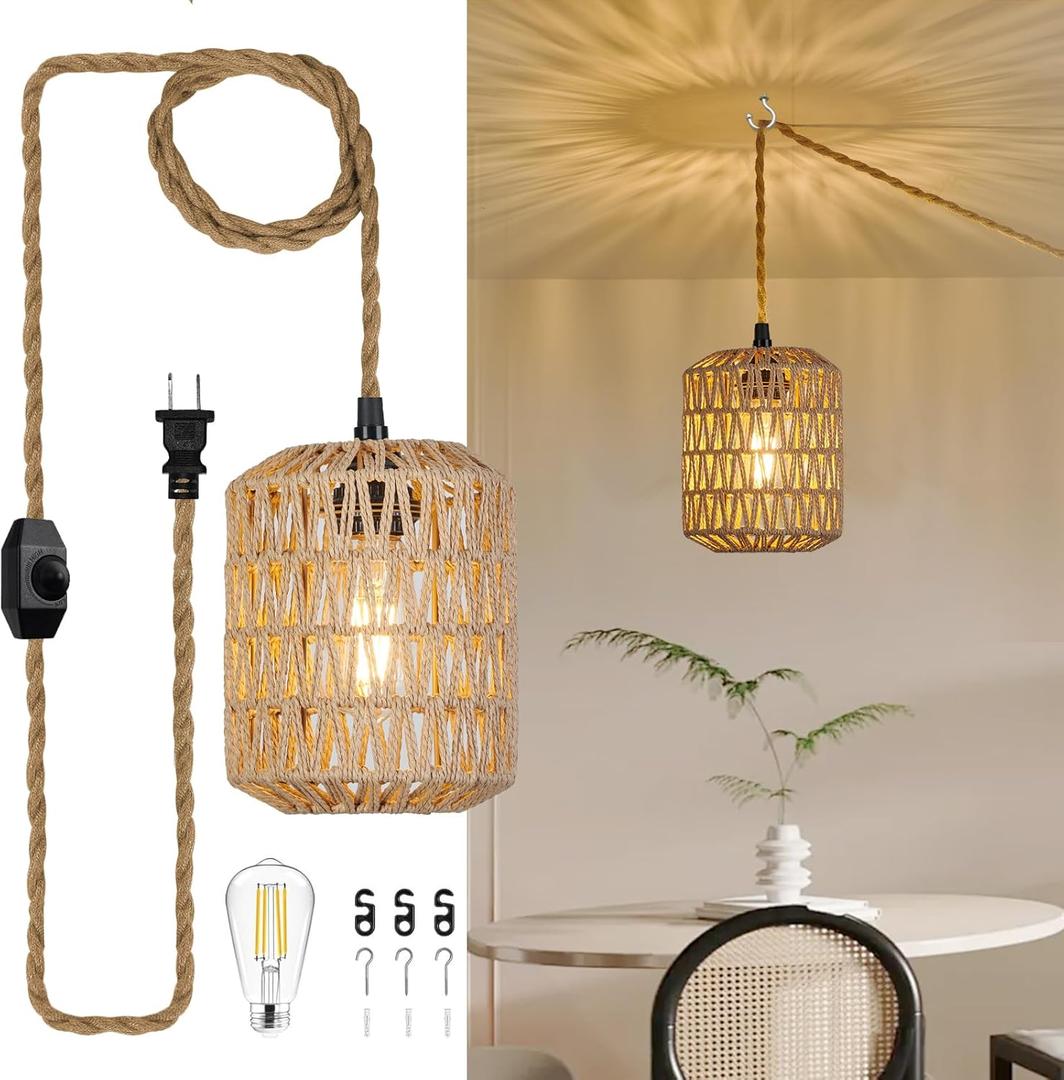 Plug in Pendant Light with 6W LED Bulb Warm Light(3000K) Dimmable Switch Cute Rattan Hanging Lamp Cord 15ft Hand Woven Plug in Chandelier Boho Hanging Lights Fixture for Bedroom Kitchen