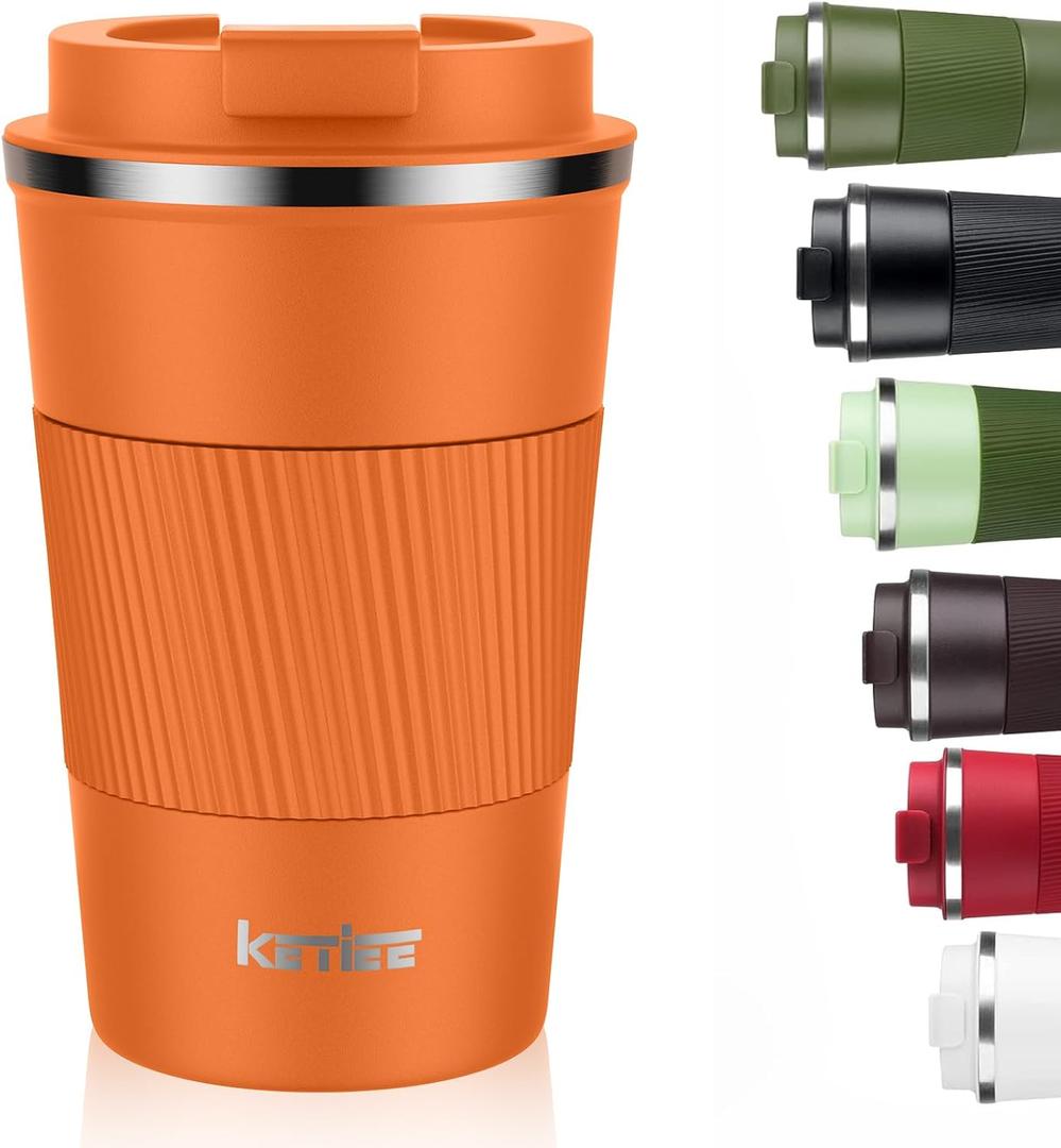 KETIEE 12oz Insulated Travel Mug, Vacuum Stainless Steel Double Walled Reusable Coffee Cup with Leakproof Lid, Hot and Iced Coffee Tea Water (G1-Orange brown)