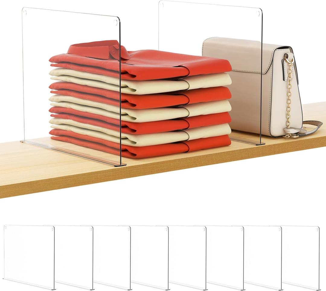 HBlife 8 PCS Adhesive Shelf Dividers for Closet Organization, Fit Wood Shelf Separators for Bedroom and Kitchen for Sweater, Shirts, Handbags (Clear (8 Inches Tall, T Shape))