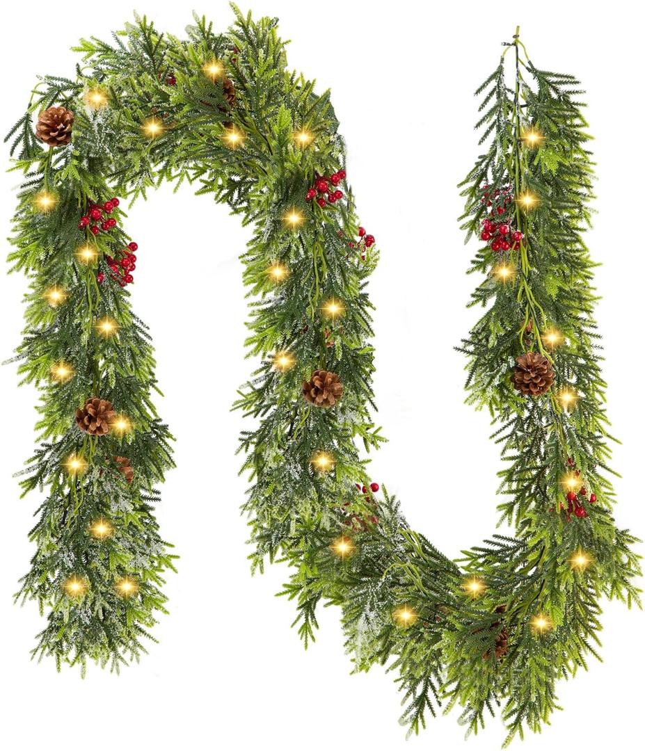 1PC 9FT Artificial Norfolk Pine Garlands, Real Touch Winter Christmas Garland, Green Artificial Greenery Garland for Table, Mantle, Wall, Indoor, Outdoor Christmas Decorations (1, 9FT)