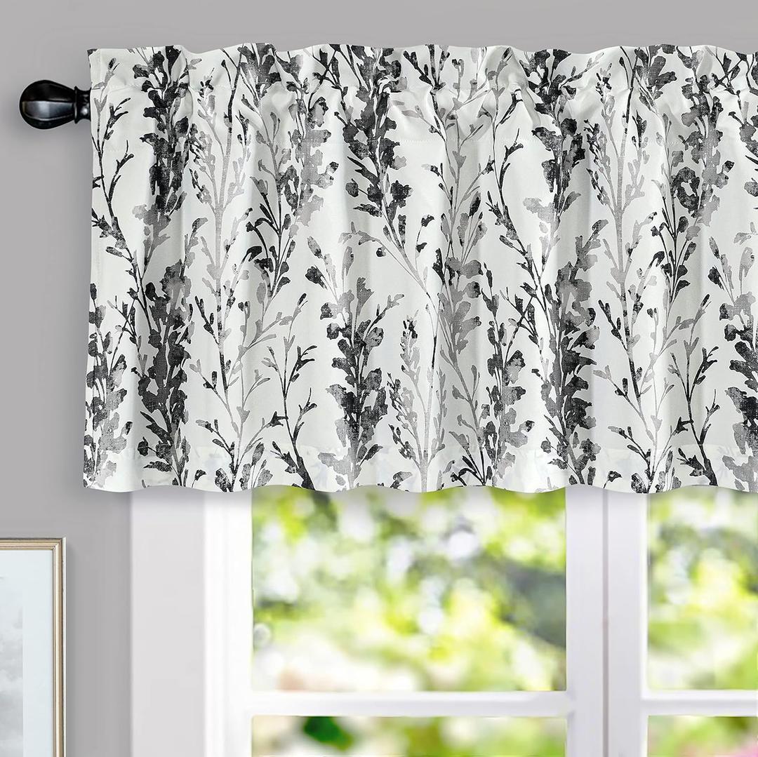 DriftAway Blackout Black and White Curtain Valances 18 Inch for Kitchen Windows Bathroom Living Room Bedroom Rod Pocket Farmhouse Floral Short Window Treatment Topper 1 Panel