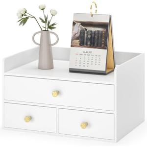 Bamboo Desk Organizer with Drawers Wooden Desktop Storage Drawers for Bills Office Supplies Kitchen Utensils Organizing Tool for Home Classroom Organization No Assembly (White, 3 Drawers)