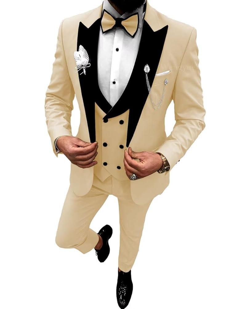 Wangyue Men's Tuxedo Suits Slim Fit 3 Piece Suit Peak Lapel Formal Wedding Prom Suits with Bow Tie , Size XL
