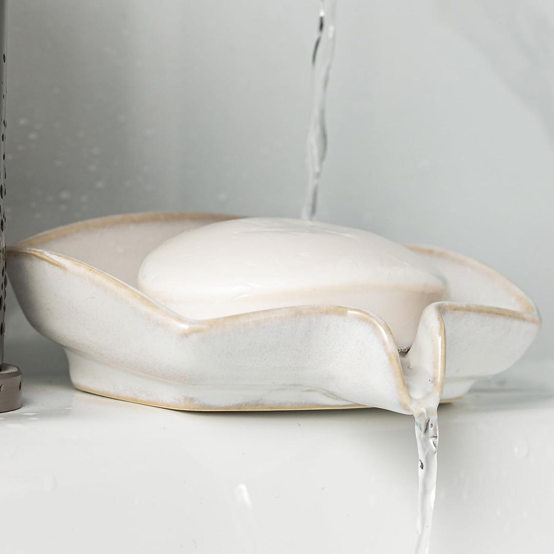 Soap Dishes, Ceramic Shower Soap Dish with Waterfall Design Bar Soap Holder Self Draining Soap Saver for Shower, Bathroom, Sink, Kitchen and Countertop, Beige White