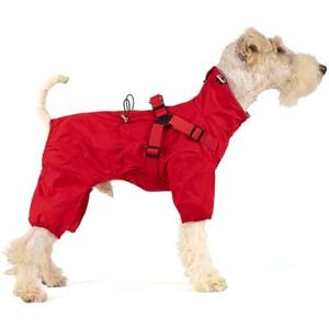 Mile High Life Waterproof Dog Raincoat, Full Coverage Small Dog Rain Coat with Harness, Adjustable 4 Legs Puppy Rain Jacket with Reflective Strip and Elastic Cuffs (Red, L Back Length 16.1") Size L