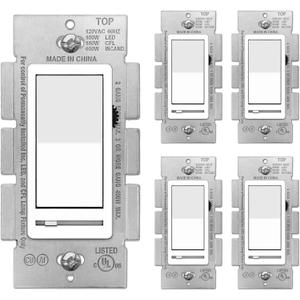 BESTTEN 5 Pack Dimmer Light Switch, Single Pole or 3-Way, Compatible with Dimmable LED, CFL, Incandescent and Halogen Bulb, LED Slide Dimmer Switch, Neutral Wire Not Required, 120VAC, UL Listed, White
