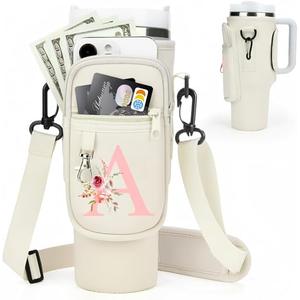 Initial Water Bottle Holder with Strap for Stanley Cup Accessories 40 oz Tumbler/Simple Modern Tumbler Bag, Water Bottle Carrier Bag with Strap,Personalized Valentine's Day Gift for Women,Her & Girls