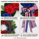 24 Inch Patriotic Front Door Wreath for July 4th Independence Day and Memorial Day, Artificial Red White Blue Hydrangea Wreath with USA Flag Printed Bow