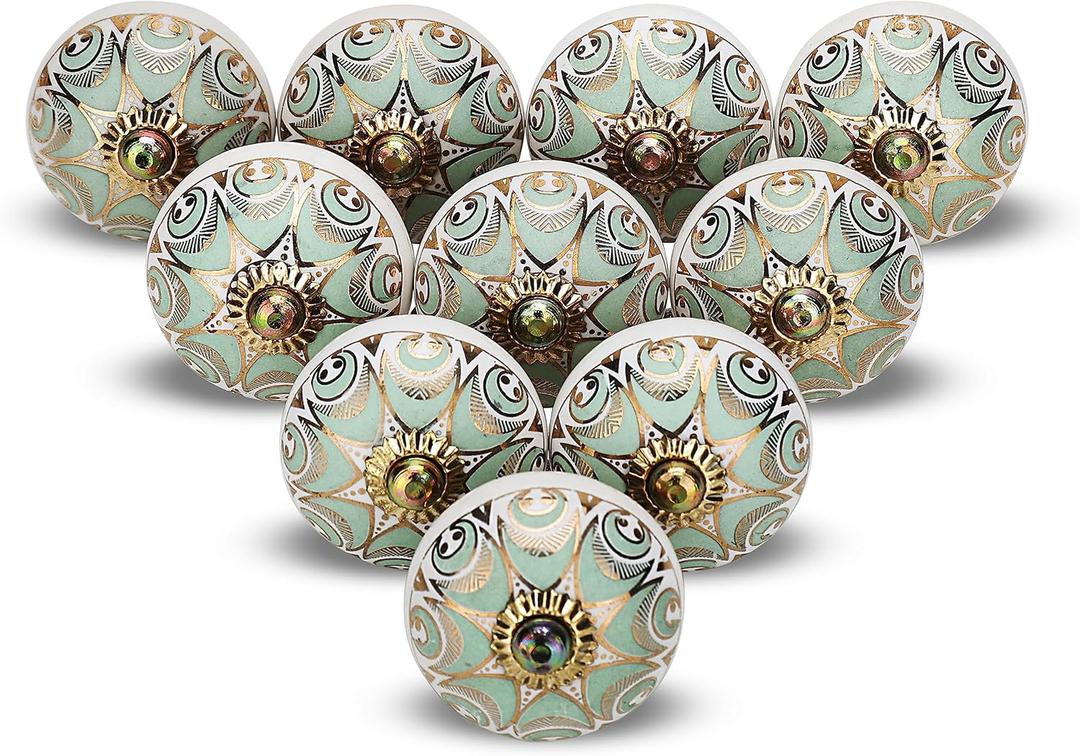 Gold Knobs for Cabinets Assorted Green Dresser Knobs Vintage Ceramic Door Knobs Colorful Kitchen Furniture Pull Handles Cupboard for Wardrobe Home Interior Dcor-Pack of 6