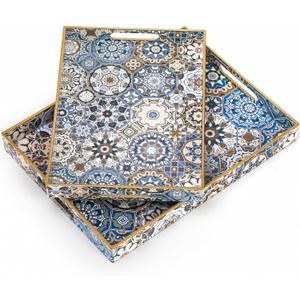 Hiceeden Set of 2 Decorative Serving Trays with Handles, Boho Tea Trays Ottoman Trays for Serving, Modern Plastic Coffee Table Tray for Living Room, Kitchen, Bathroom, Rectangle, Blue