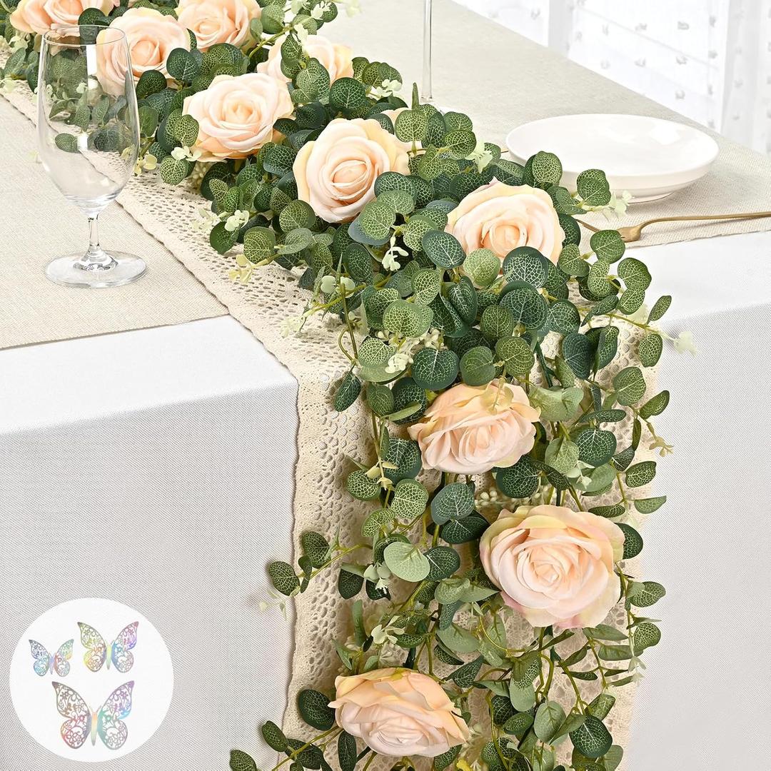 Waipfaru 2Pcs Artificial Flower Garland Decorations, 6.7Ft Eucalyptus Greenery Vines with Pink Roses for Wedding Table Runner Centerpieces Backdrop Room Decor (Pink)