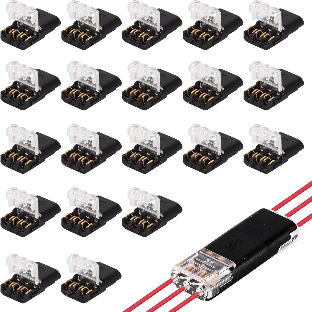 3 Pin Double Wire Plug in Connector,No-Stripping Quick LED Strip Light & Electrical Cable,Low Voltage 3 Pins 2 Way Plug-in LED Locking Wire Connectors for AWG 18-22 (20Pcs)